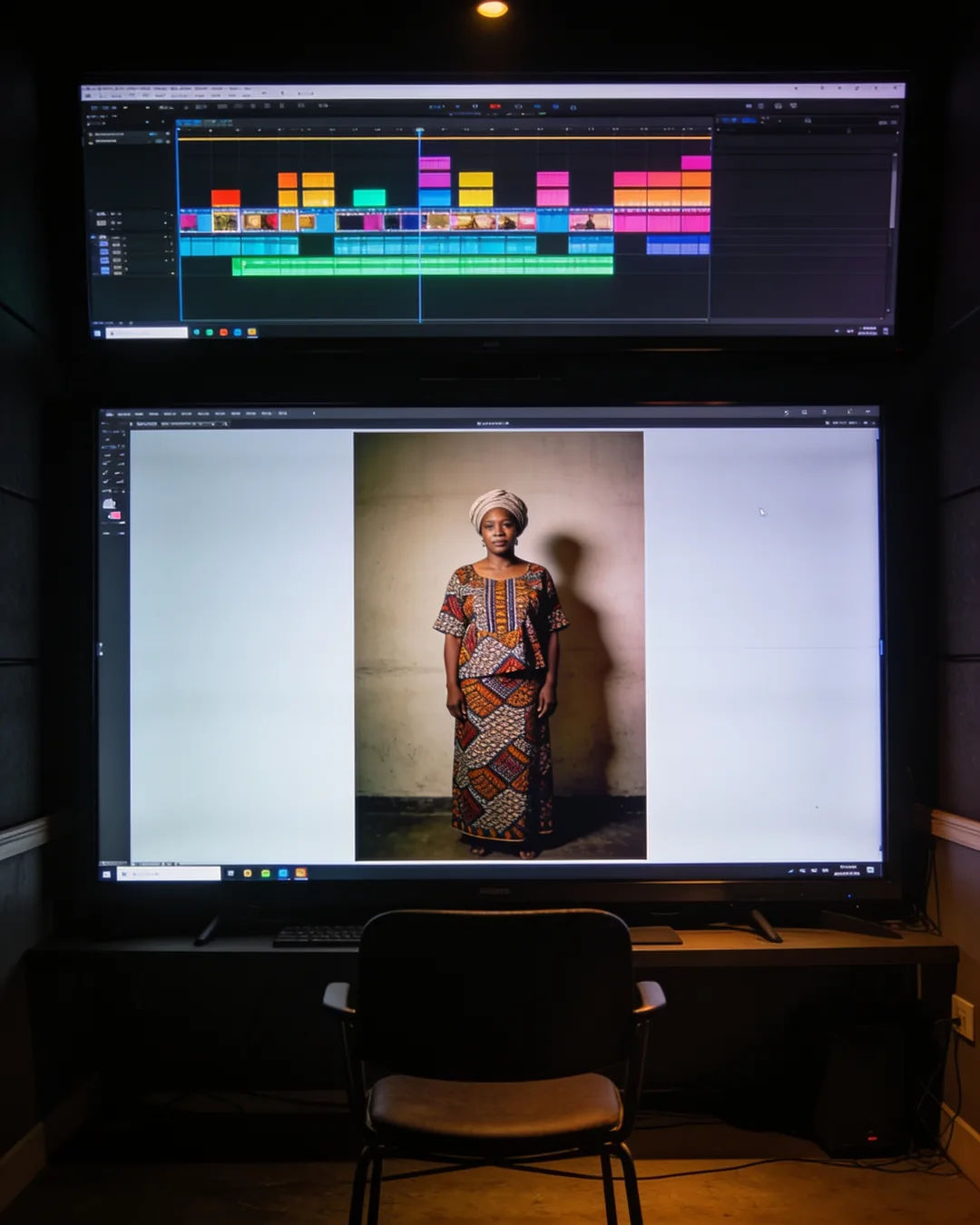 An editing suite with a vertical frame of a Yoruba woman in an ankara print dress above a timeline