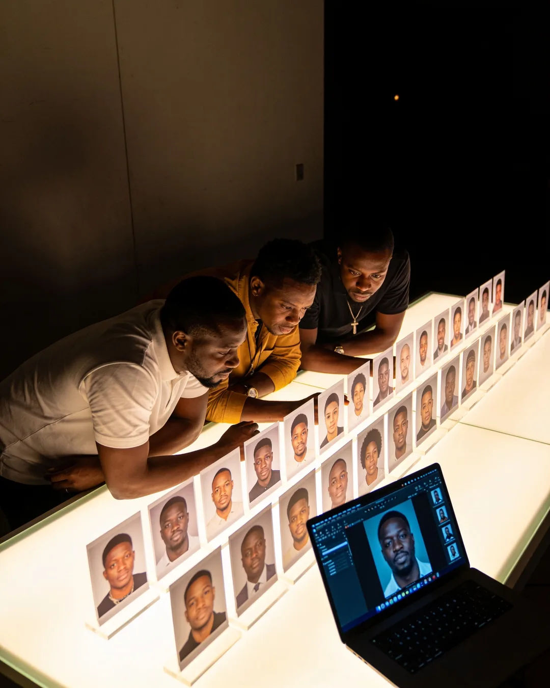 A Lagos production team reviewing printed frames on a lit table