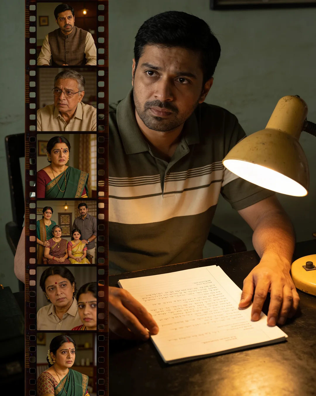 A writer under a desk lamp with a script page and a strip of film frames from a Bengali family drama