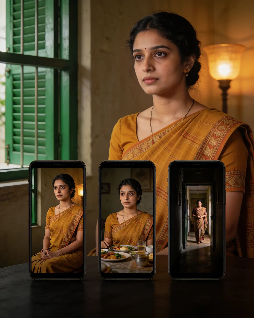 The same Bengali woman in a mustard cotton saree on three vertical phone screens