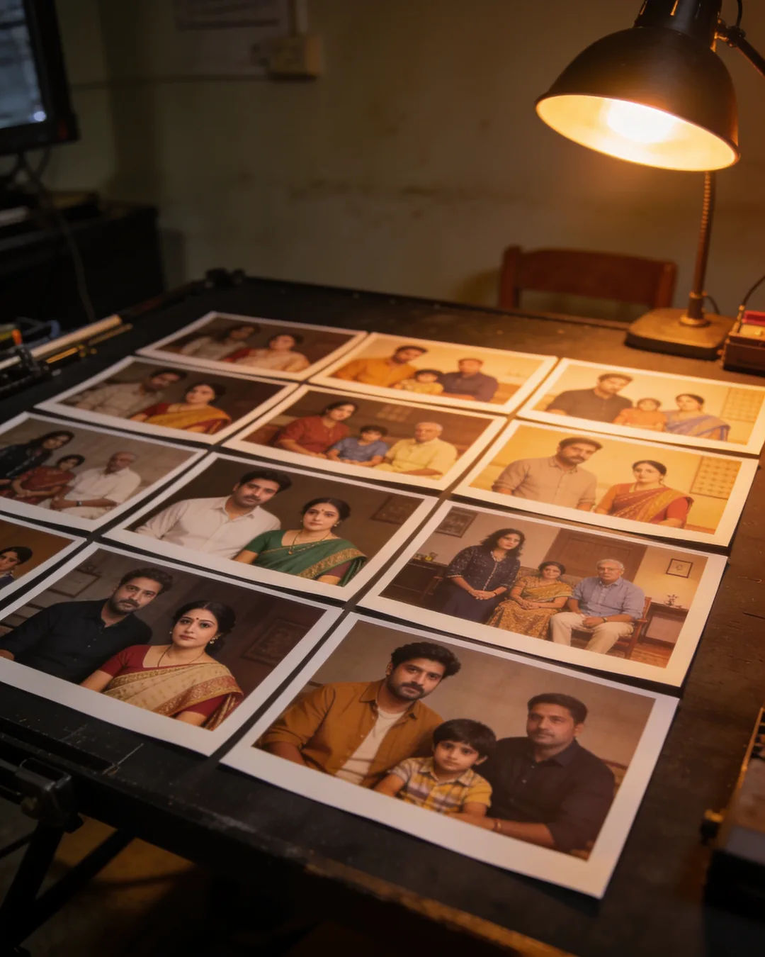 Printed frames of a Bengali family drama laid out in rows on a production table