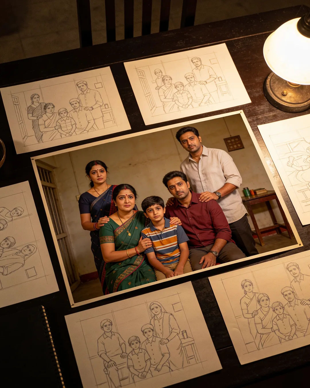 Pencil storyboard sketches around a finished photo of a Bengali family scene