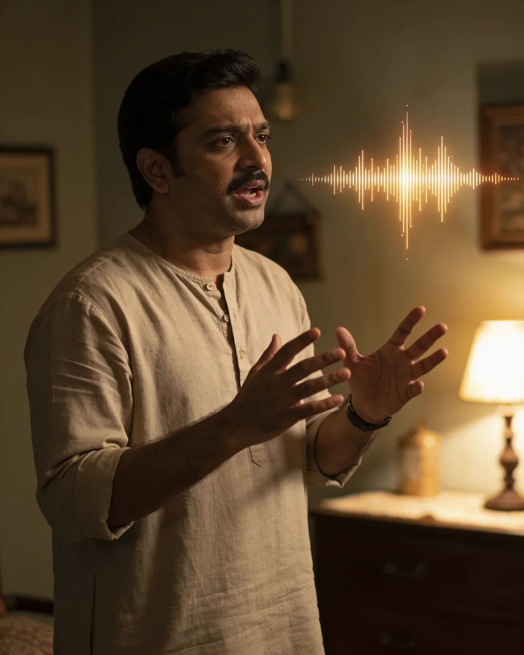 A Bengali man in a cotton kurta speaking at home, a sound waveform beside him