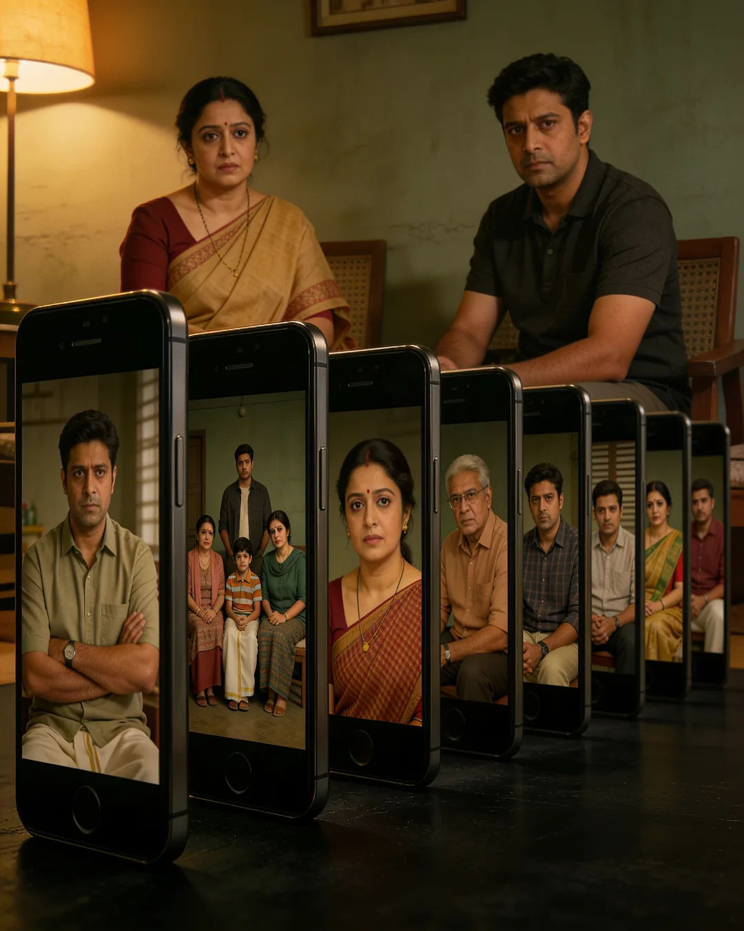 A row of phones showing episodes of the same Bengali drama series