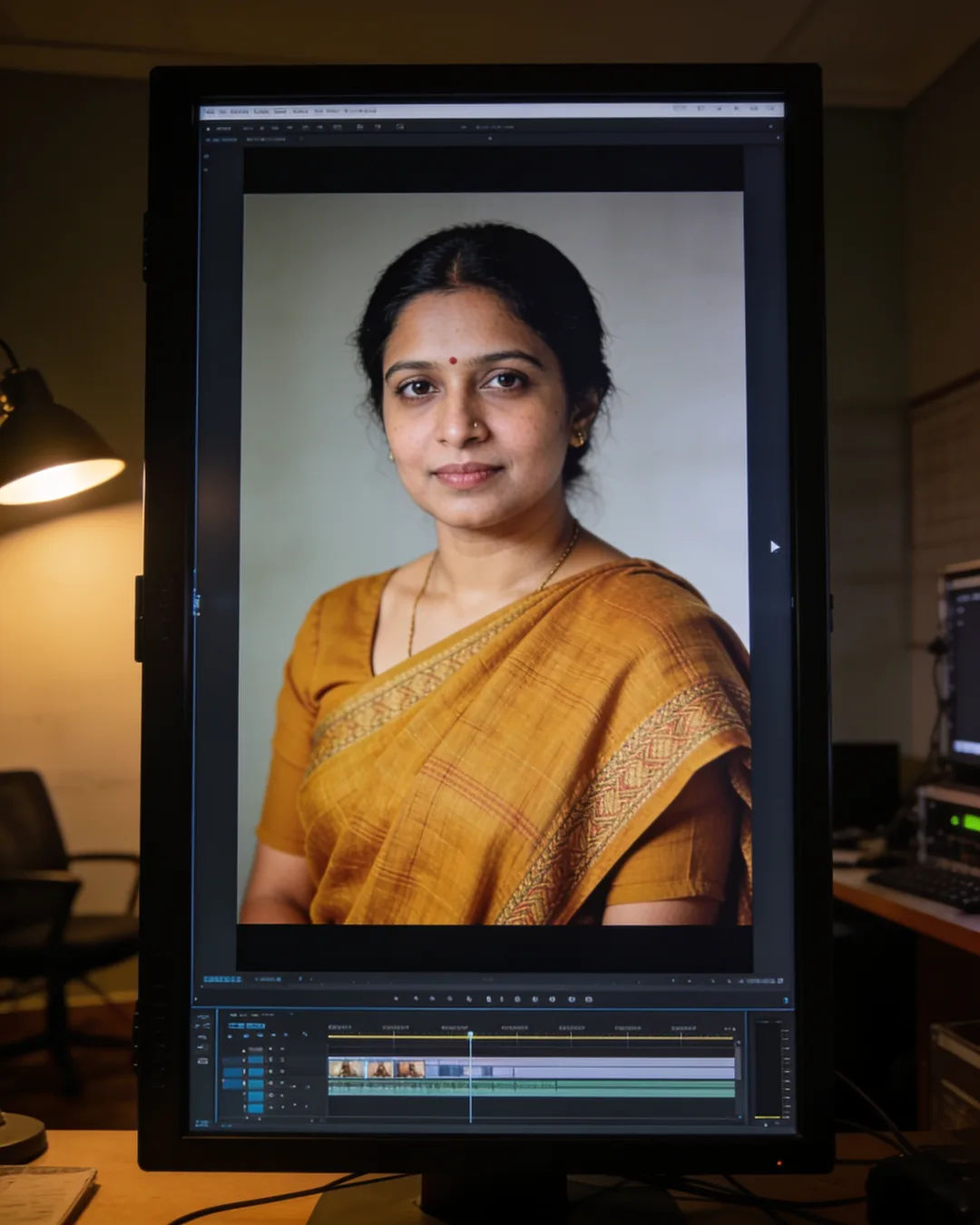 An editing suite with a vertical frame of a Bengali woman in a mustard cotton saree above a timeline