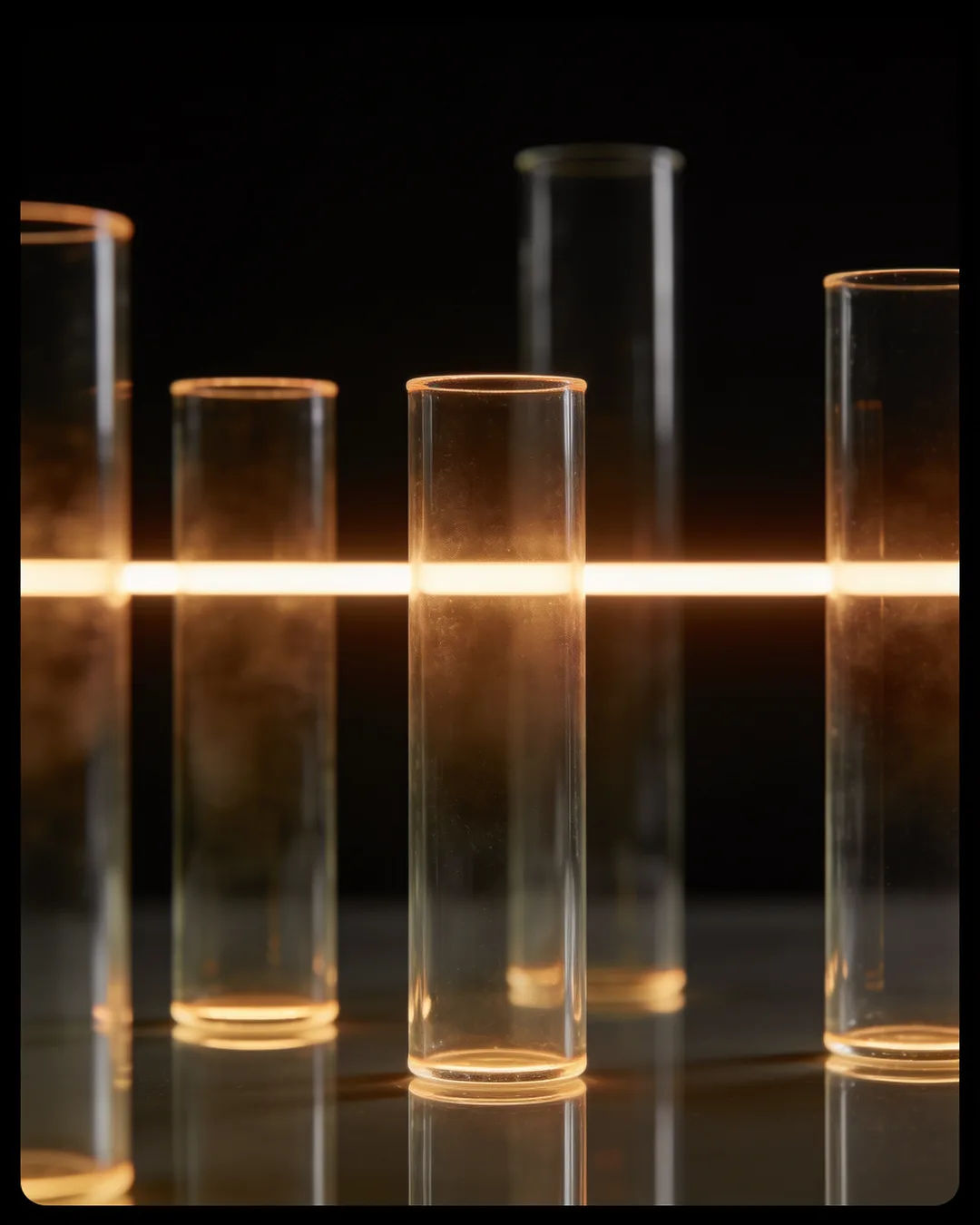 Glass columns of different heights with a glowing limit line