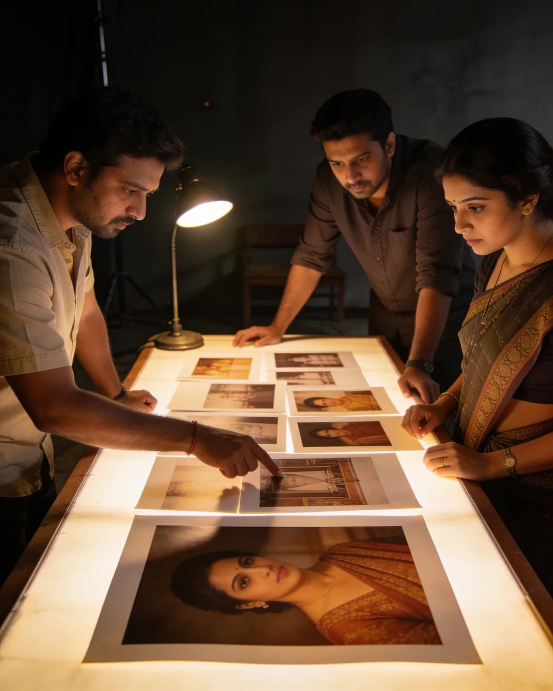A Bengali production team reviewing printed frames on a lit table