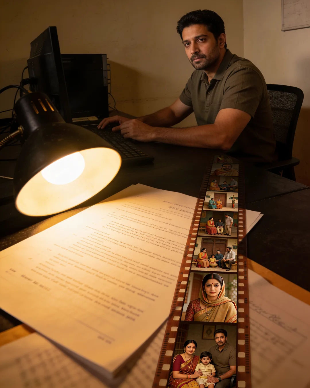 A writer under a desk lamp with a script page and a strip of film frames from a Haryanvi family drama