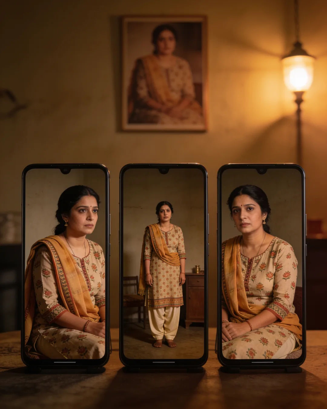The same Haryanvi woman in a printed salwar kameez on three vertical phone screens