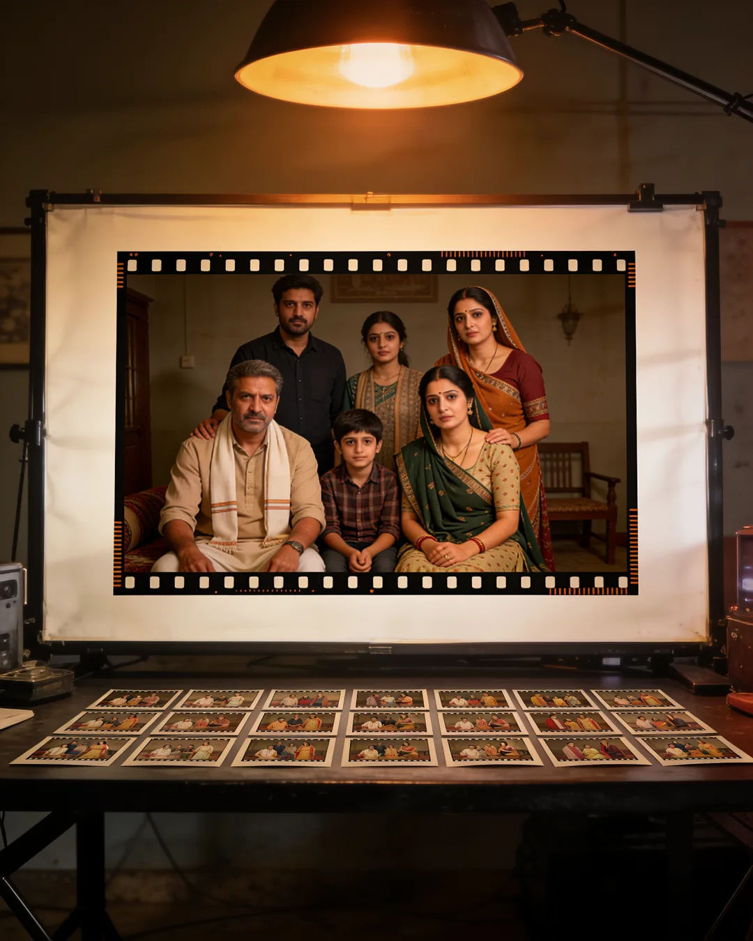 A Haryanvi family drama frame on a lit board above rows of storyboard cards