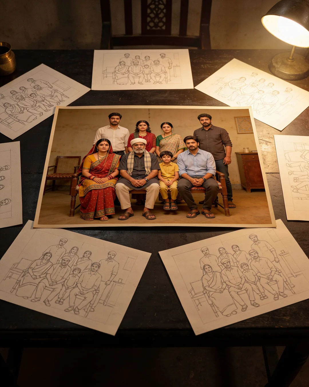 Pencil storyboard sketches around a finished photo of a Haryanvi family scene