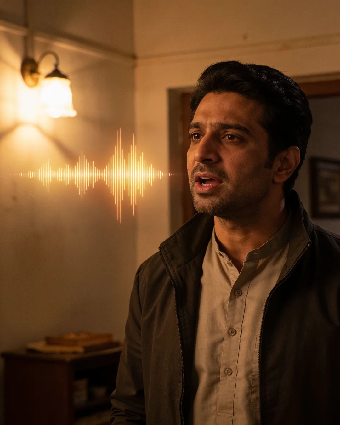 A Haryanvi man in a dark jacket speaking at home, a sound waveform beside him