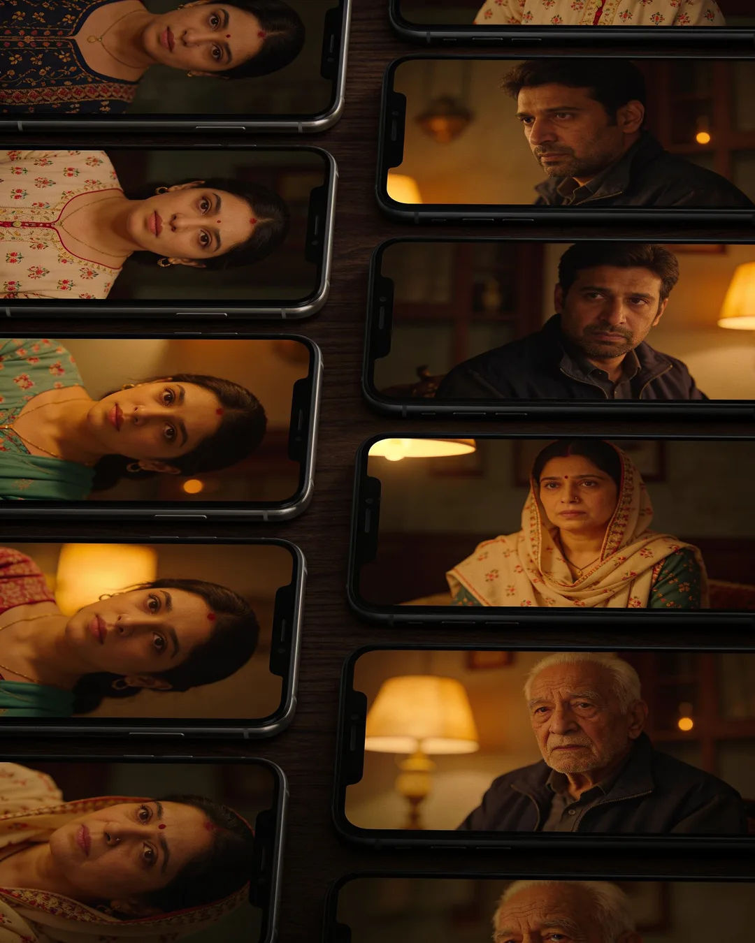 A row of phones showing episodes of the same Haryanvi drama series