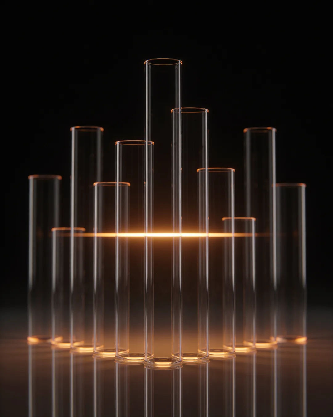 Glass columns of different heights with a glowing limit line