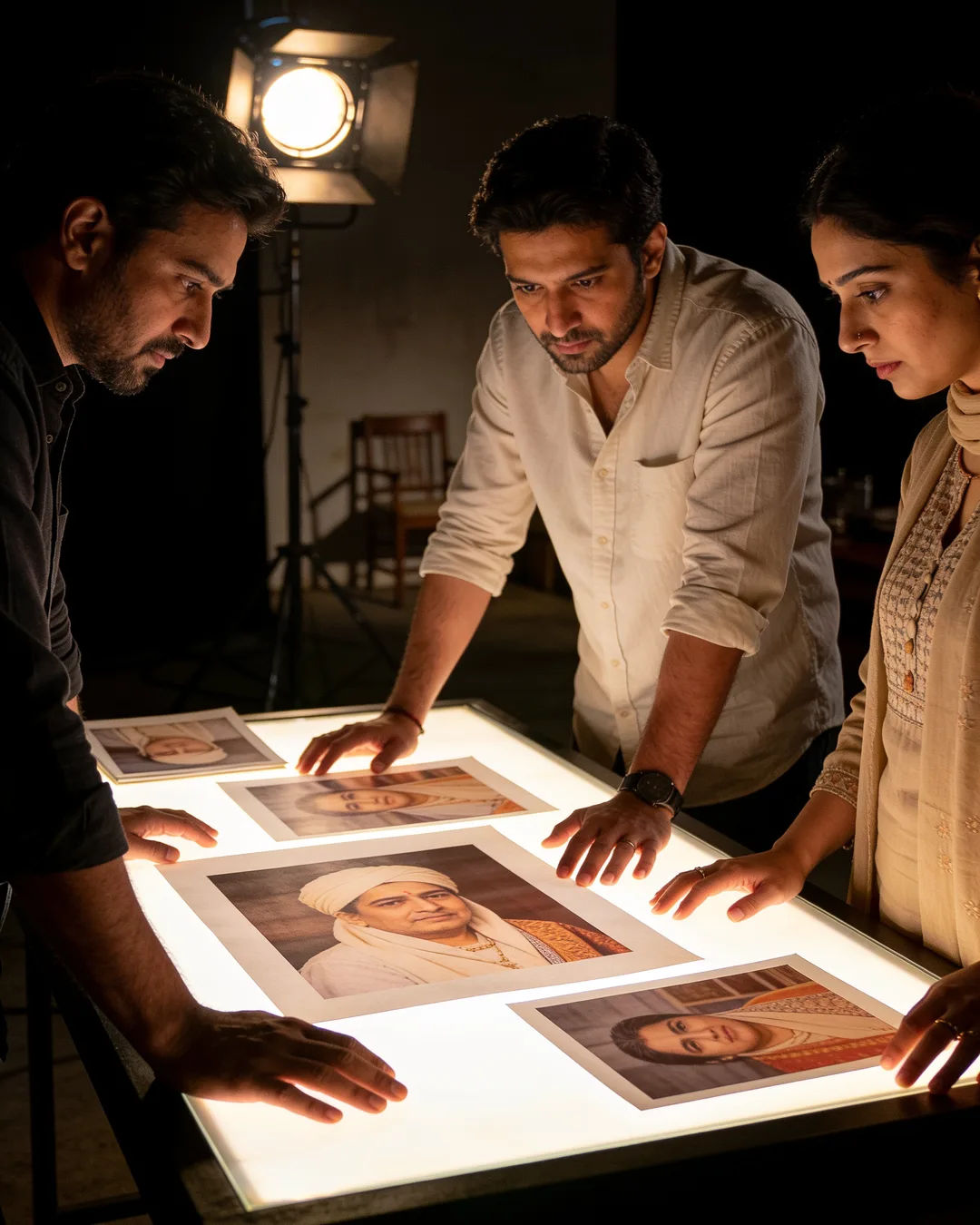 A Haryanvi production team reviewing printed frames on a lit table