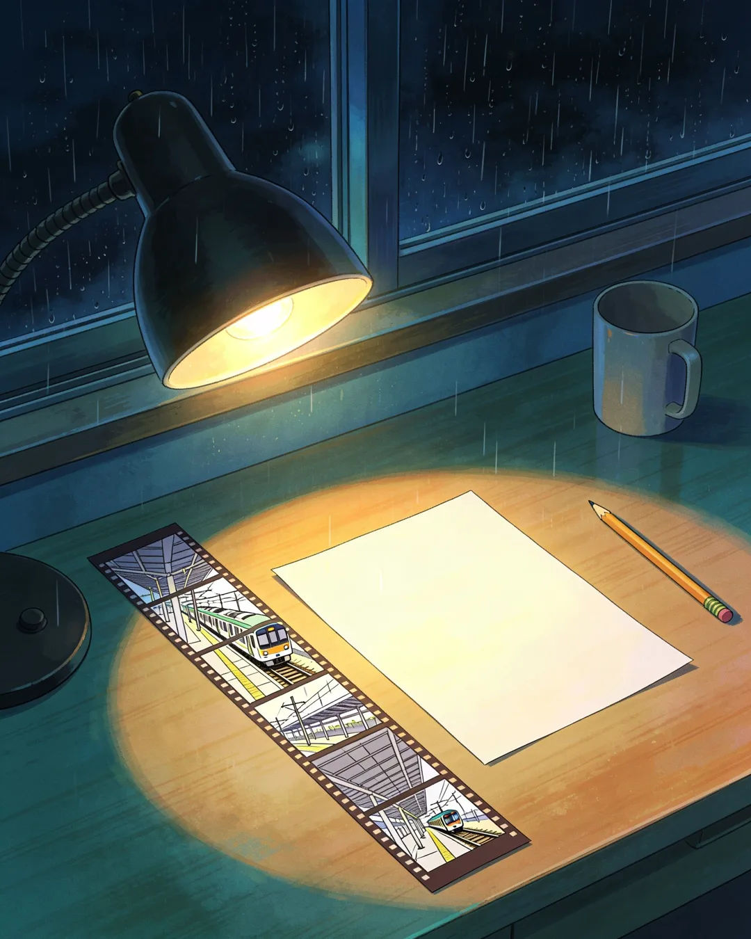 An anime-style illustration of a blank page under a desk lamp beside a strip of drawn story frames