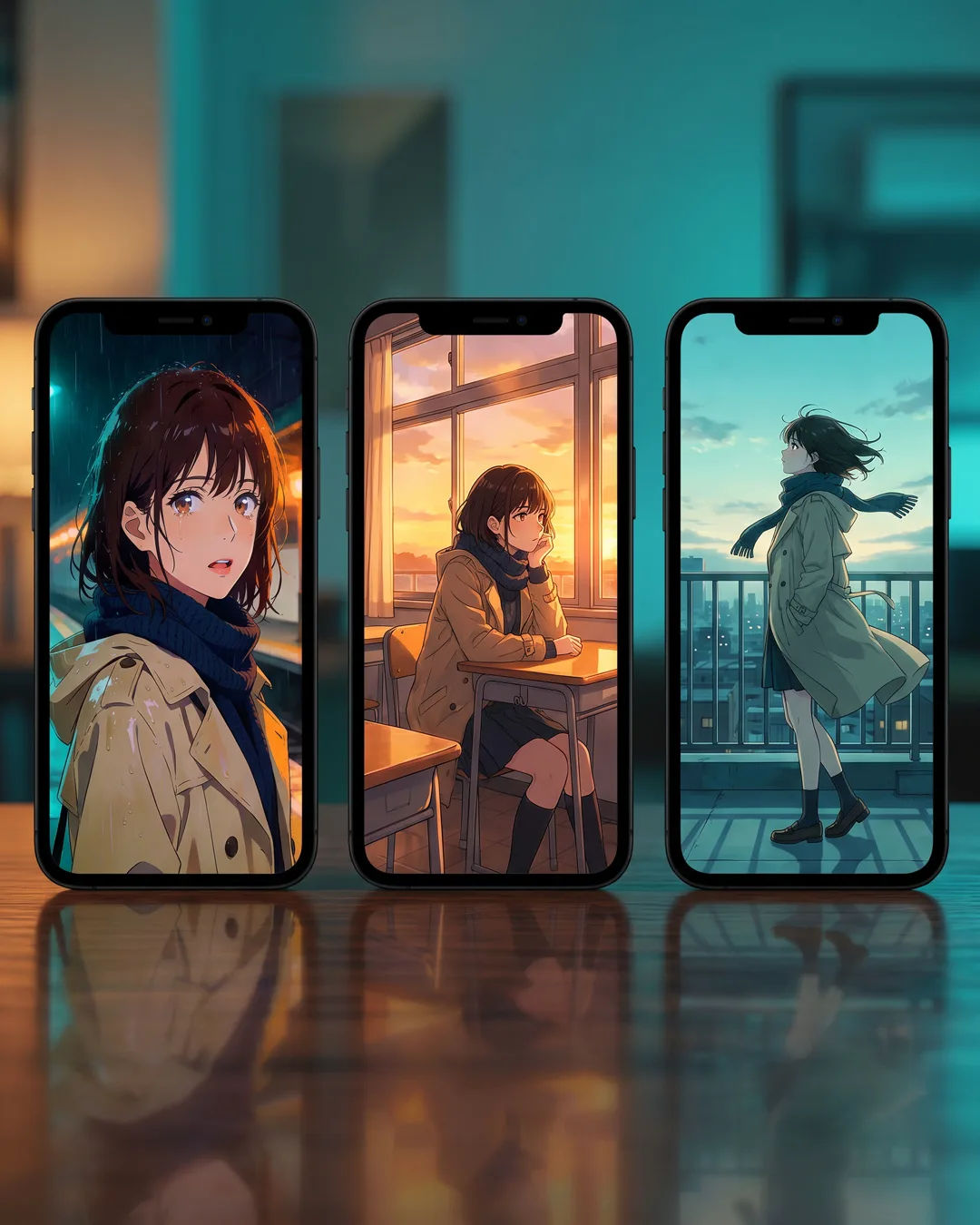 The same anime-style girl with a navy scarf on three vertical phone screens