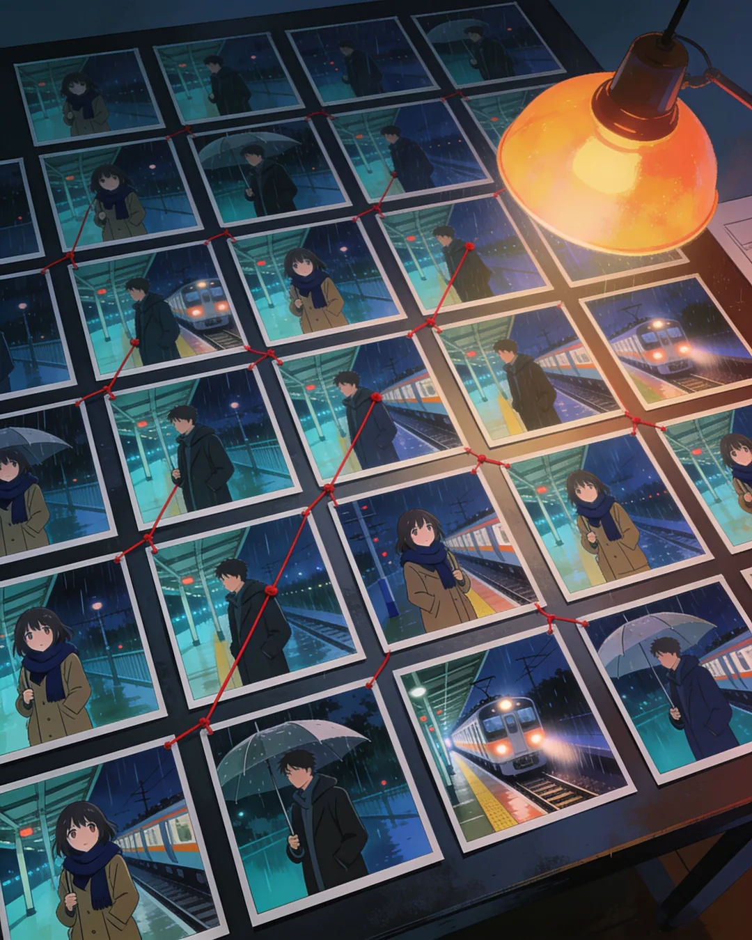 Anime-style storyboard cards of a rainy station drama laid out on a production table