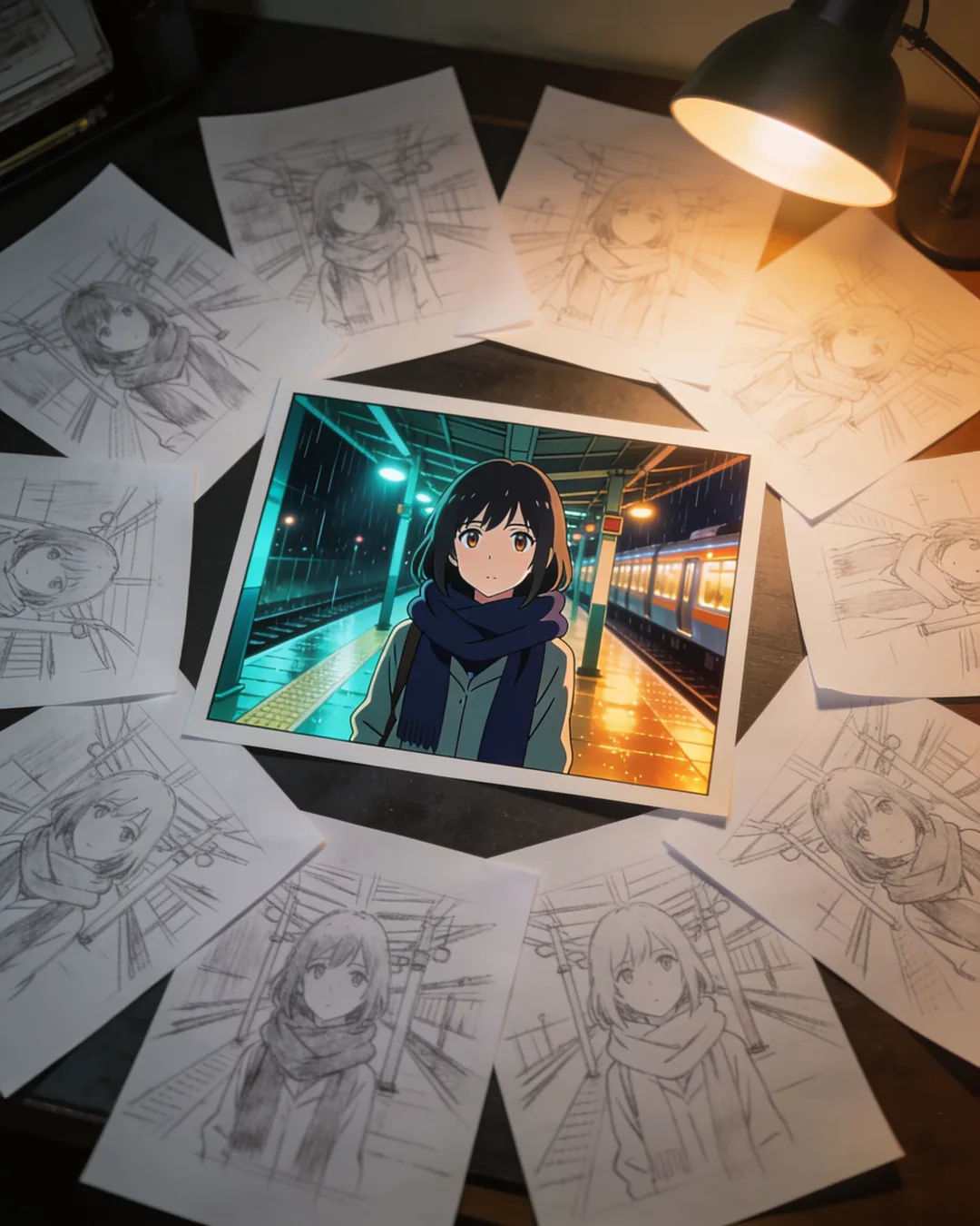Rough pencil storyboard sketches around one finished anime-style colour frame