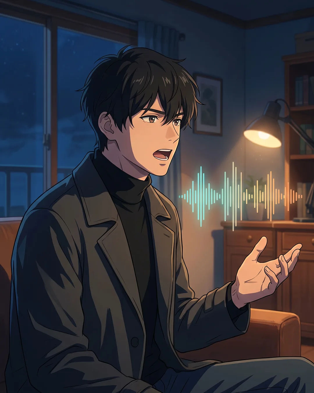 An anime-style young man in a dark coat speaking, a sound waveform beside him