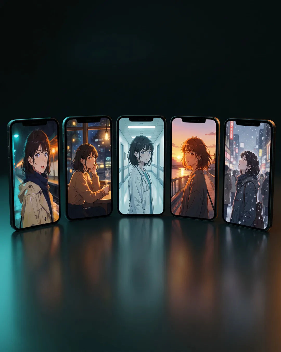 A row of phones showing episodes of the same anime-style drama series