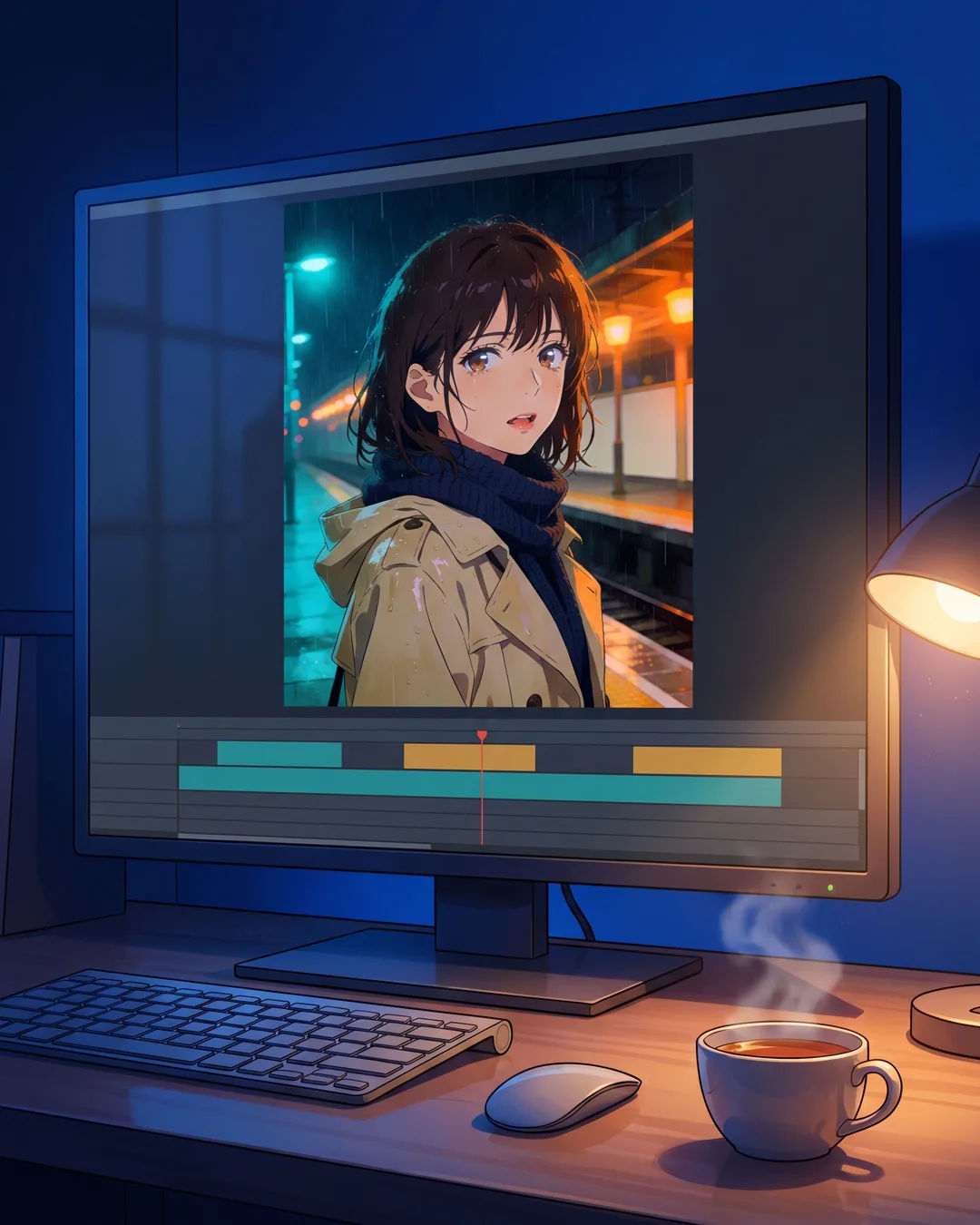 An editing suite with a vertical anime-style frame of a girl in the rain above a timeline