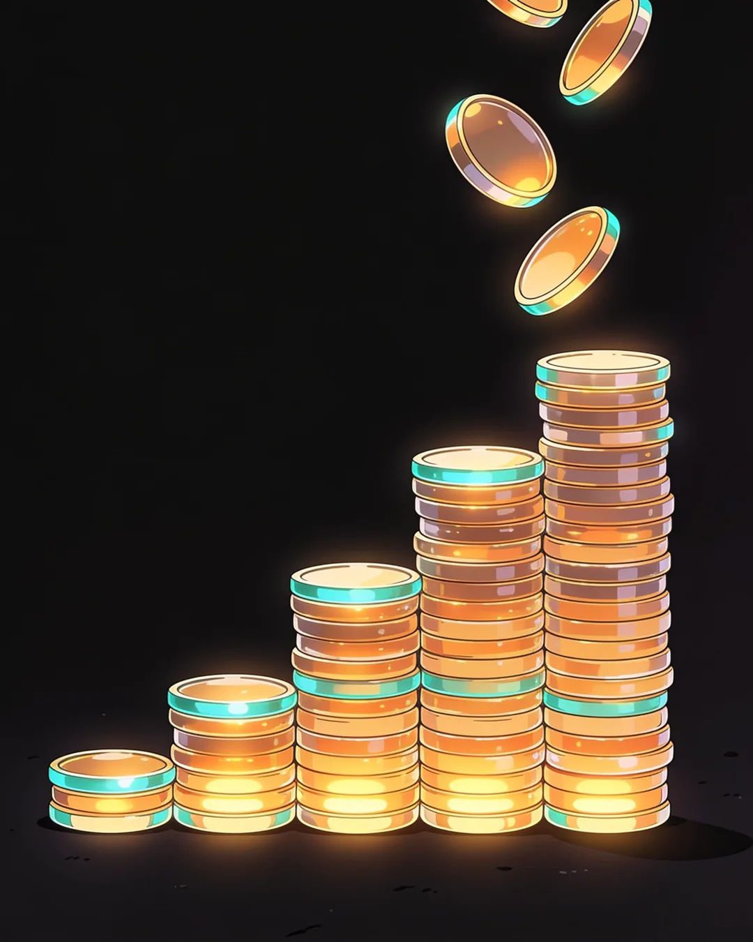 Illustrated stacks of glass tokens rising on a black ground