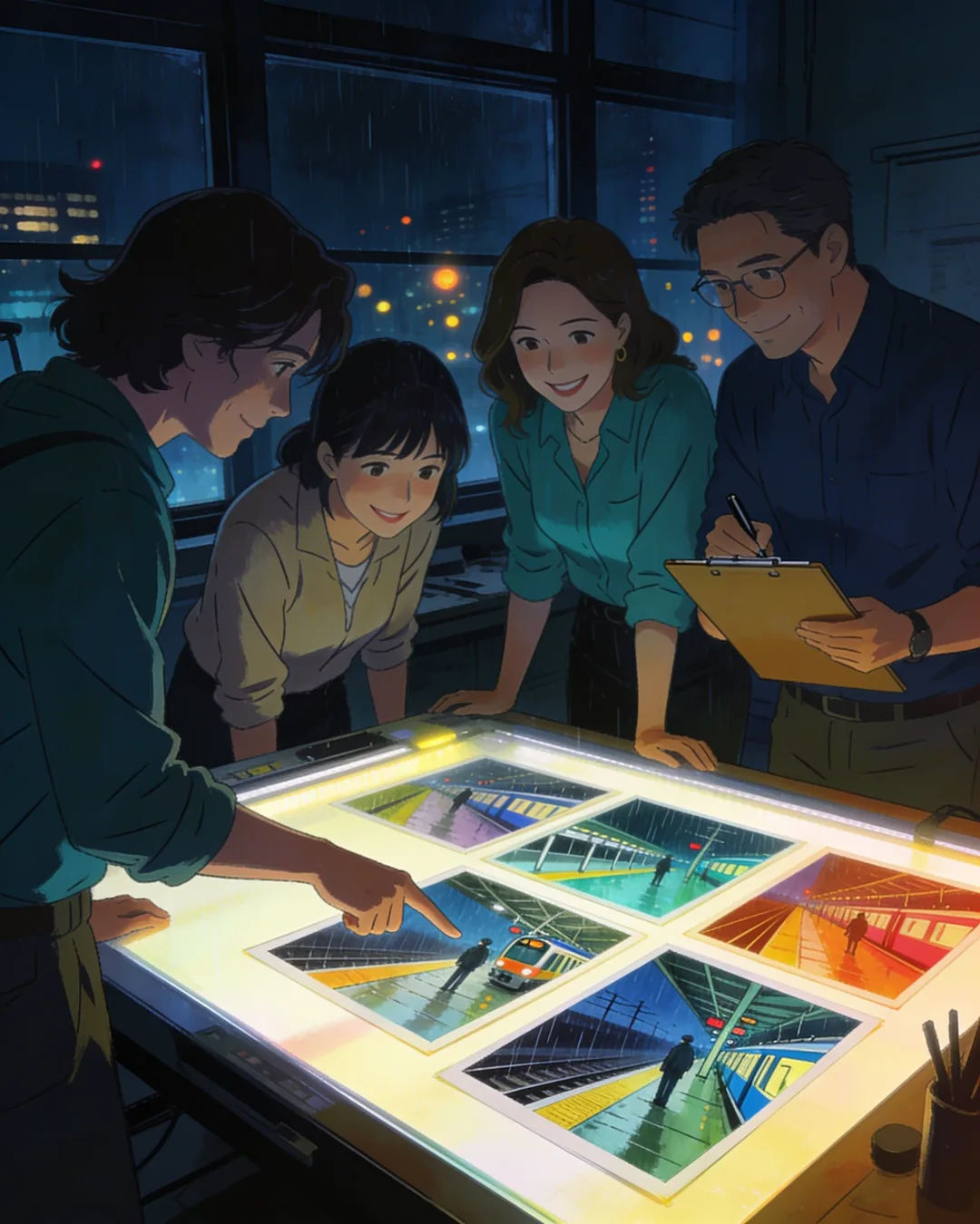 An anime-style production team reviewing printed frames on a lit table