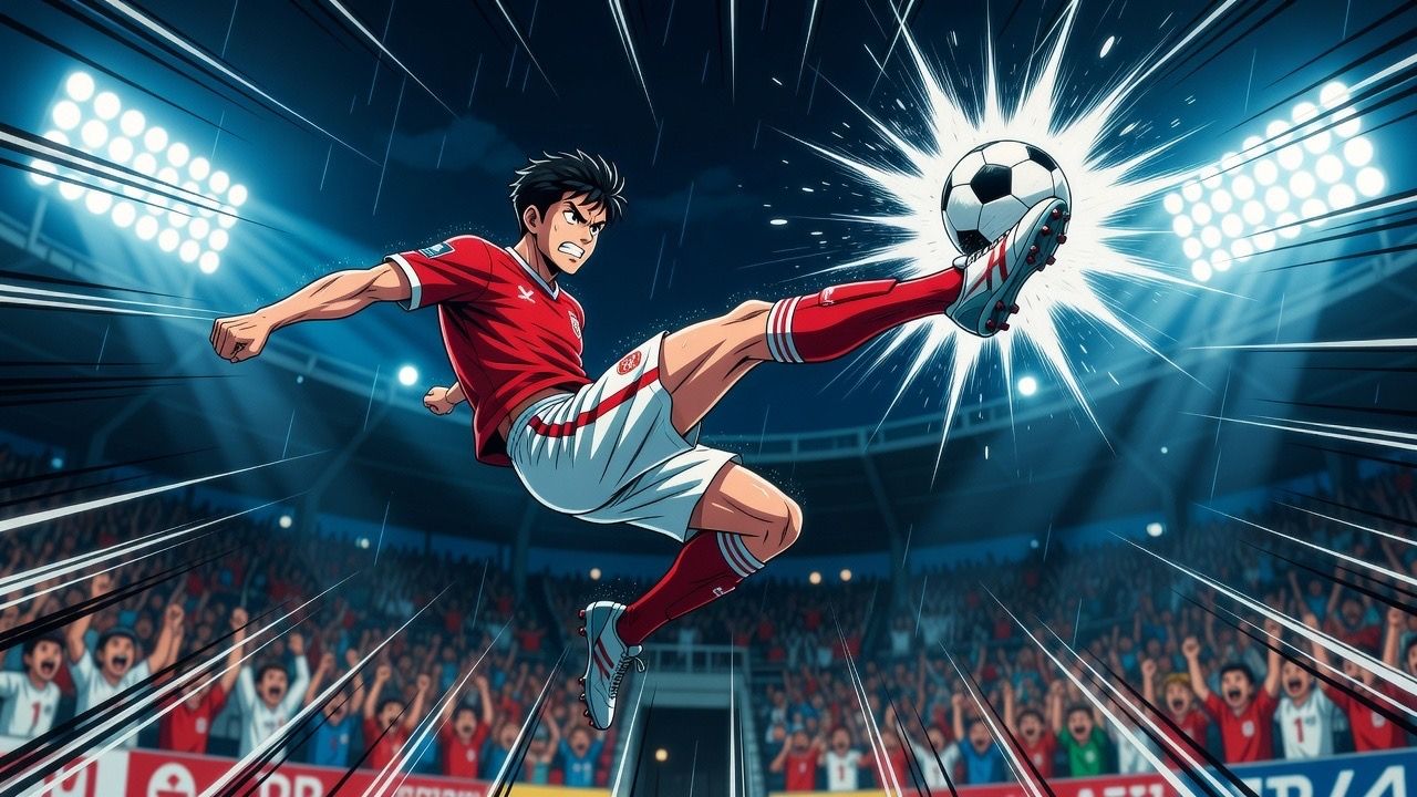 Anime-Stürmer erzielt einen Fallrückzieher-Treffer in einem flutlichtbeleuchteten Stadion im Regen