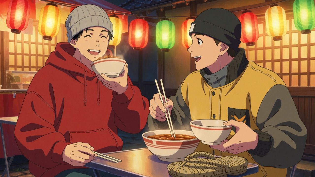 Zwei Anime-Fußballer in legerer Streetwear lachen an einem nächtlichen Imbissstand