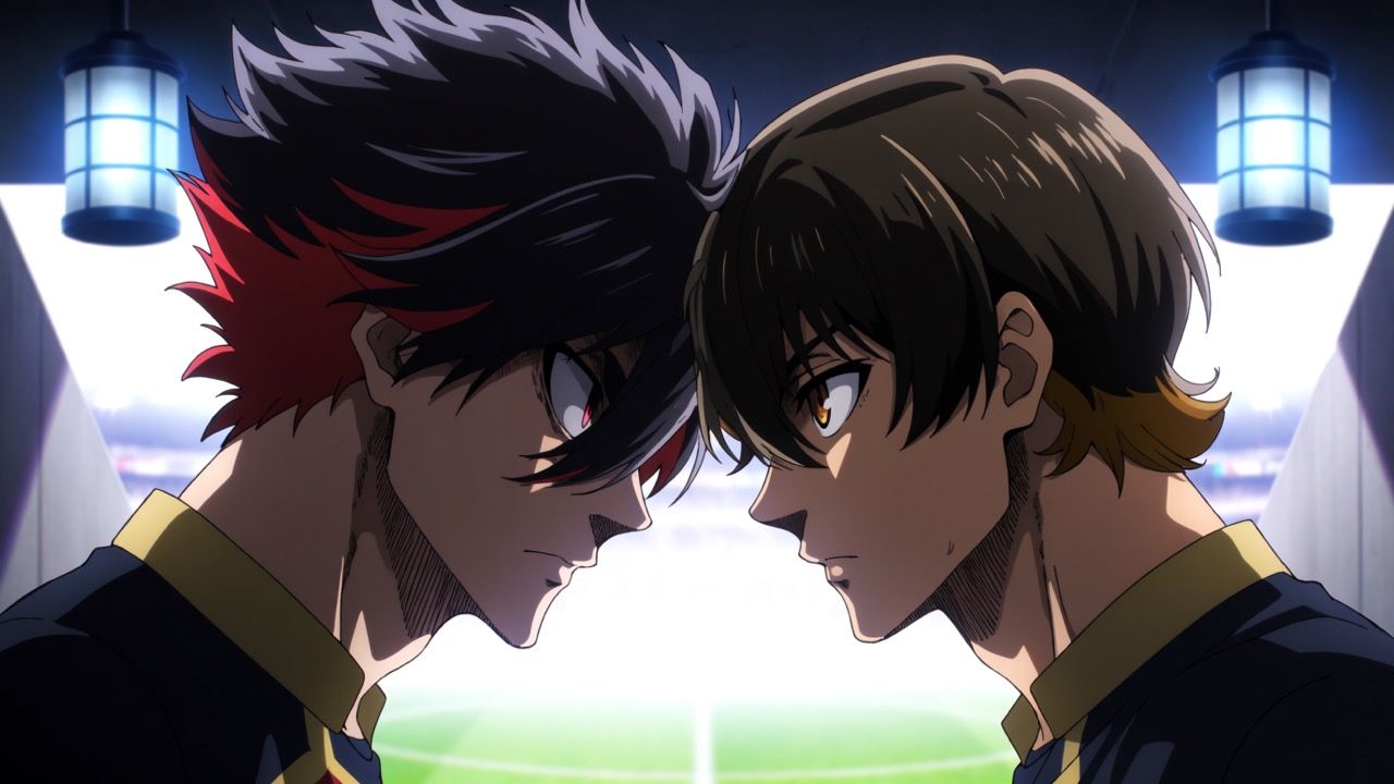 Zwei rivalisierende Anime-Mannschaftskapitäne stehen sich im Spielertunnel eines Stadions gegenüber