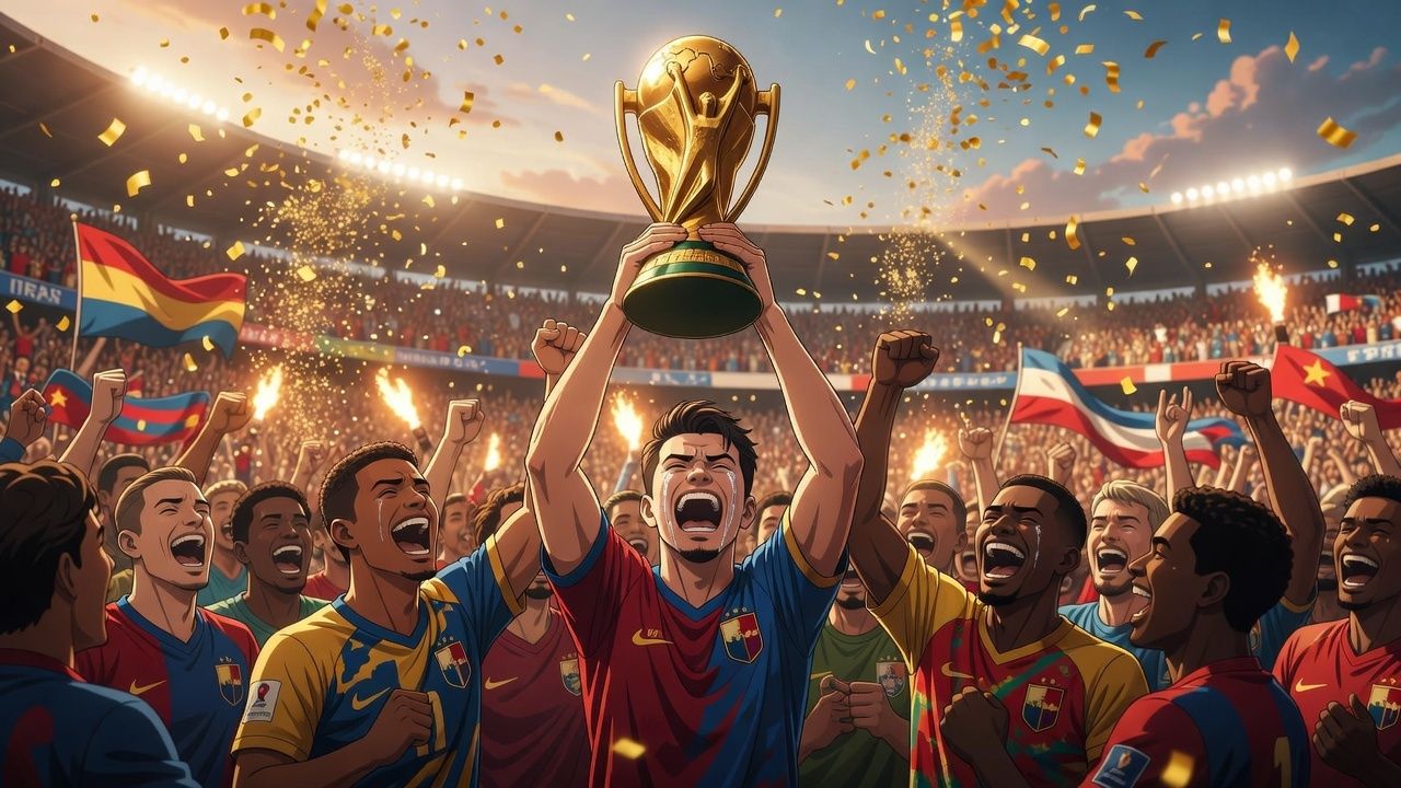 Anime-Fußballmannschaft trägt ihren Kapitän, der einen goldenen Pokal hochhält, während Konfetti fällt