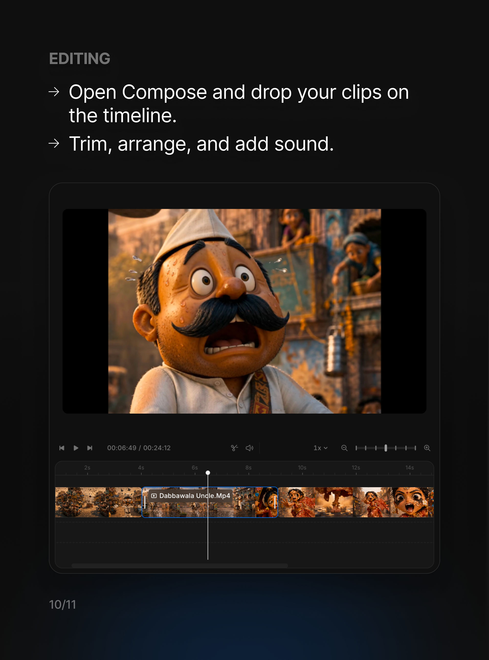 Montage des clips de Pappu Express sur la timeline de Compose dans Morphic, raccourcissant et organisant les plans avec le son