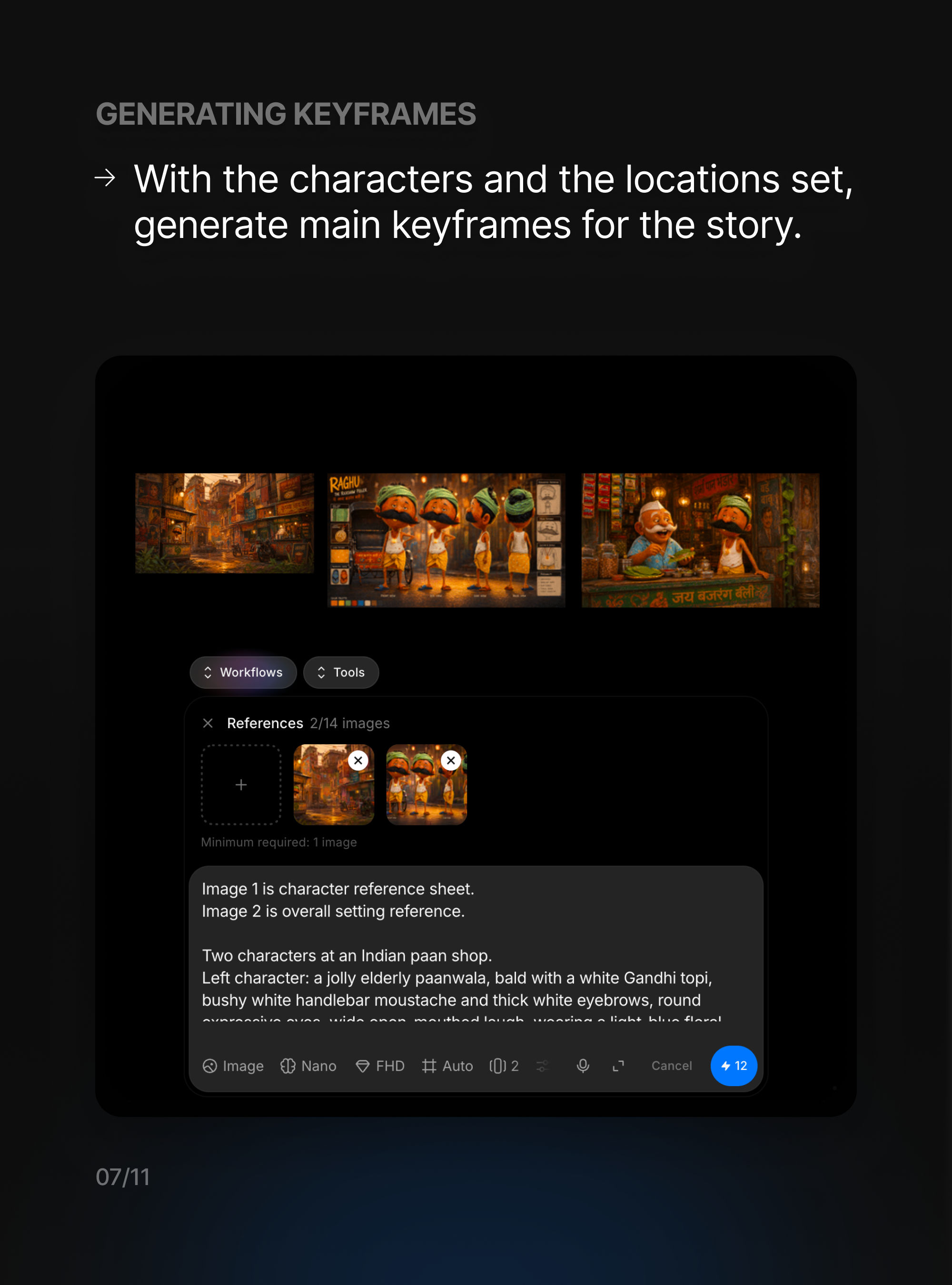 Morphic Copilot générant des images clés de l'histoire à partir d'une fiche de référence de personnage et d'une image de référence de décor