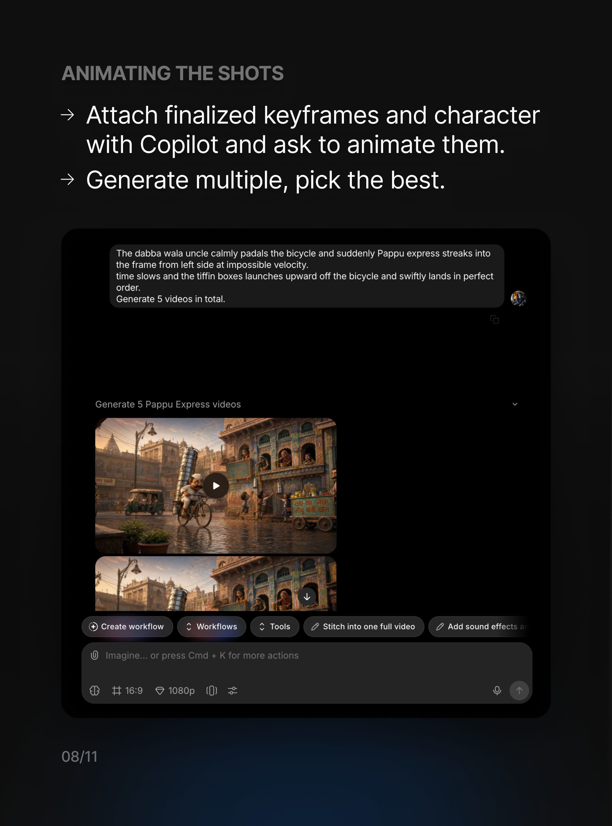 Morphic Copilot générant cinq variations vidéo animées d'un seul plan de Pappu Express à partir d'une image clé