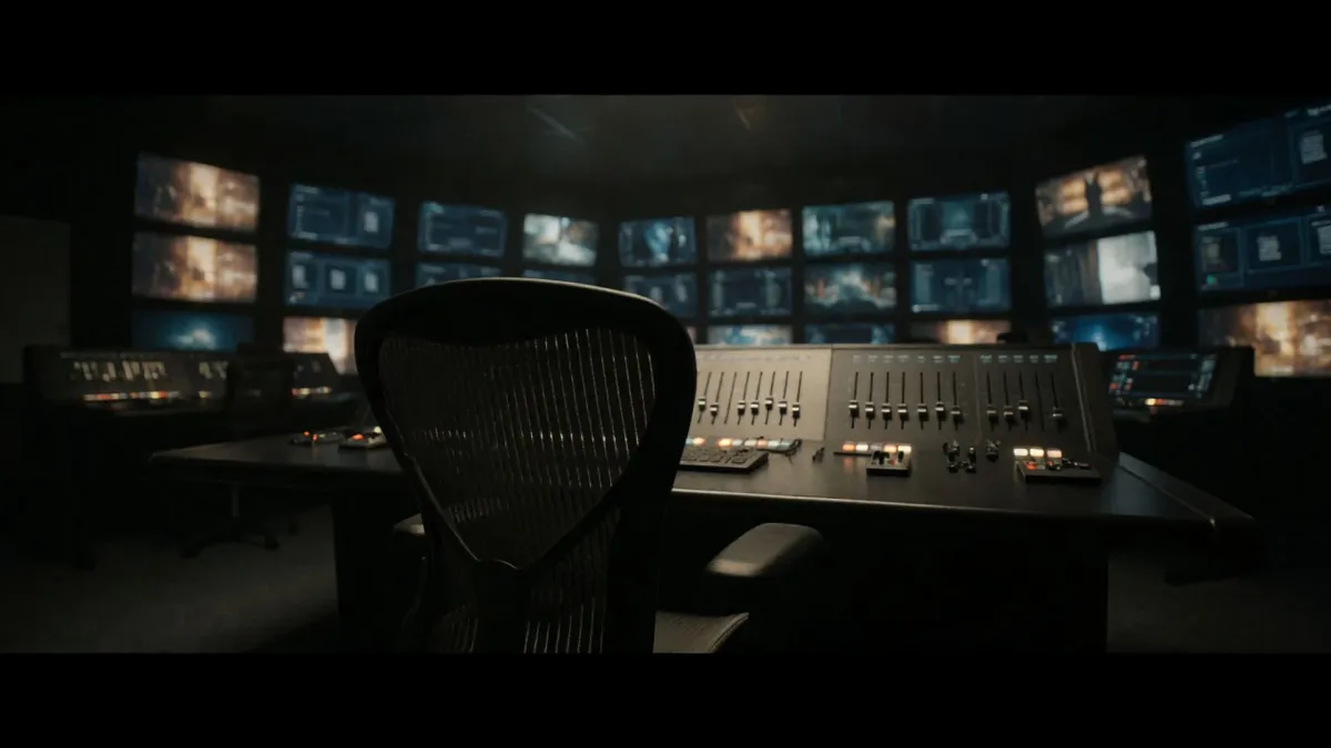 A broadcast master control room at night, a wall of monitors glowing in the dark