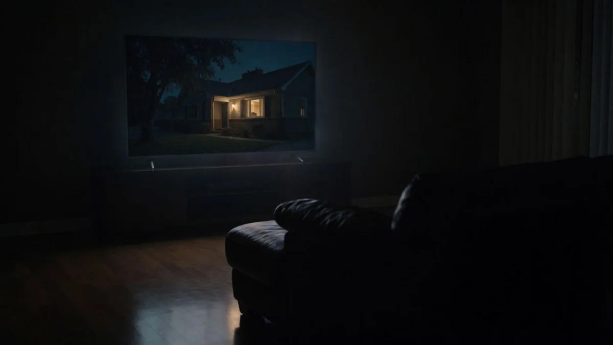 Ein dunkles Wohnzimmer, nur von einem großen Fernseher erhellt, Licht fällt über den Boden