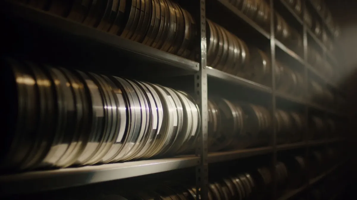 Rows of metal film reel canisters on steel shelves receding into darkness