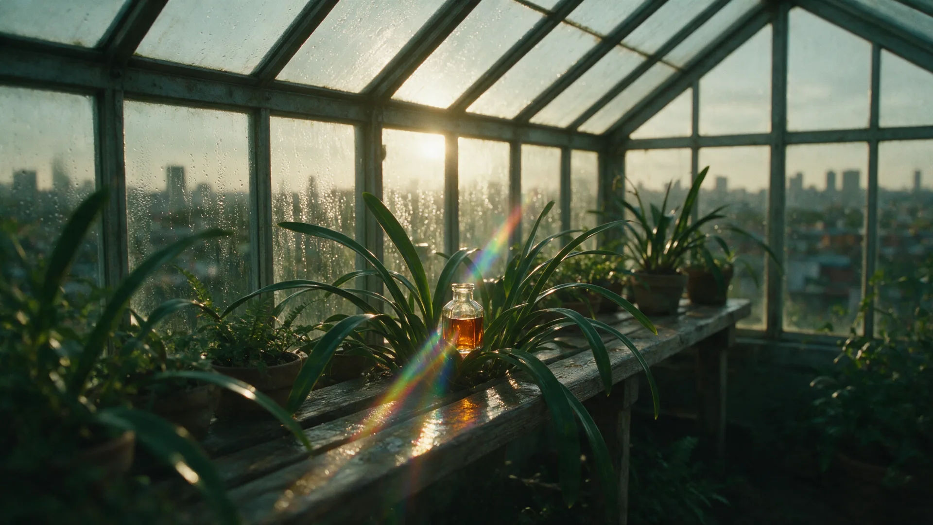 Um quadro cinematográfico de uma estufa ao entardecer, com luz atravessando uma garrafa facetada