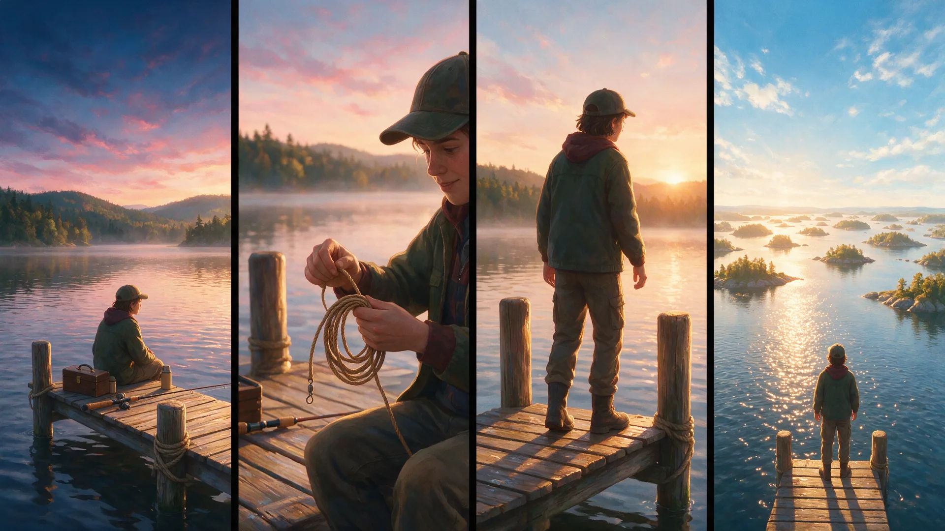 Uma tira de storyboard com quatro quadros mostrando os momentos em sequência dentro de um clipe