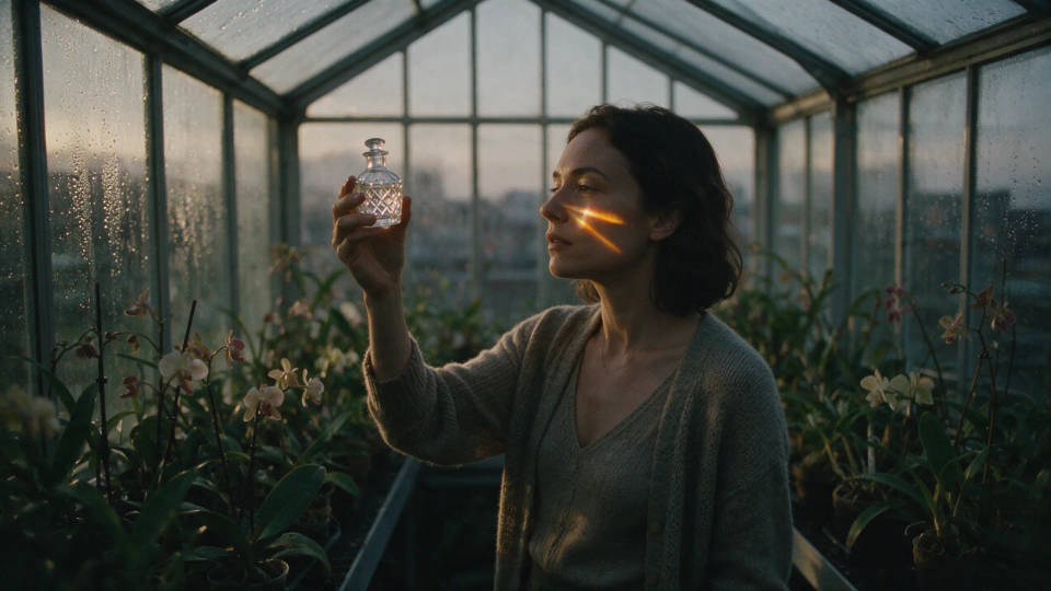A woman lifting a faceted bottle into the last light of a rooftop glasshouse