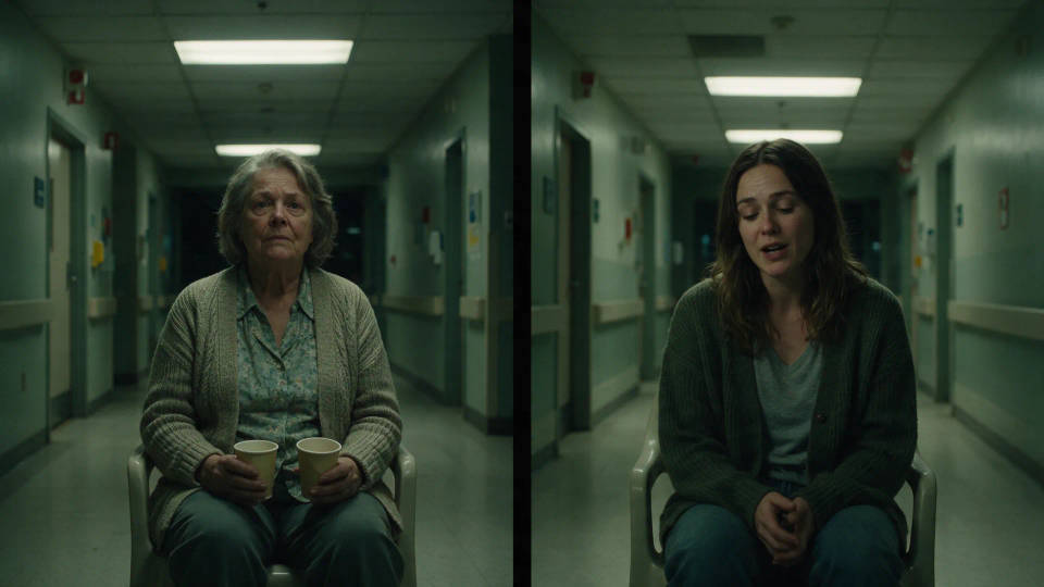 Two sisters sitting with paper cups in an empty hospital corridor at night