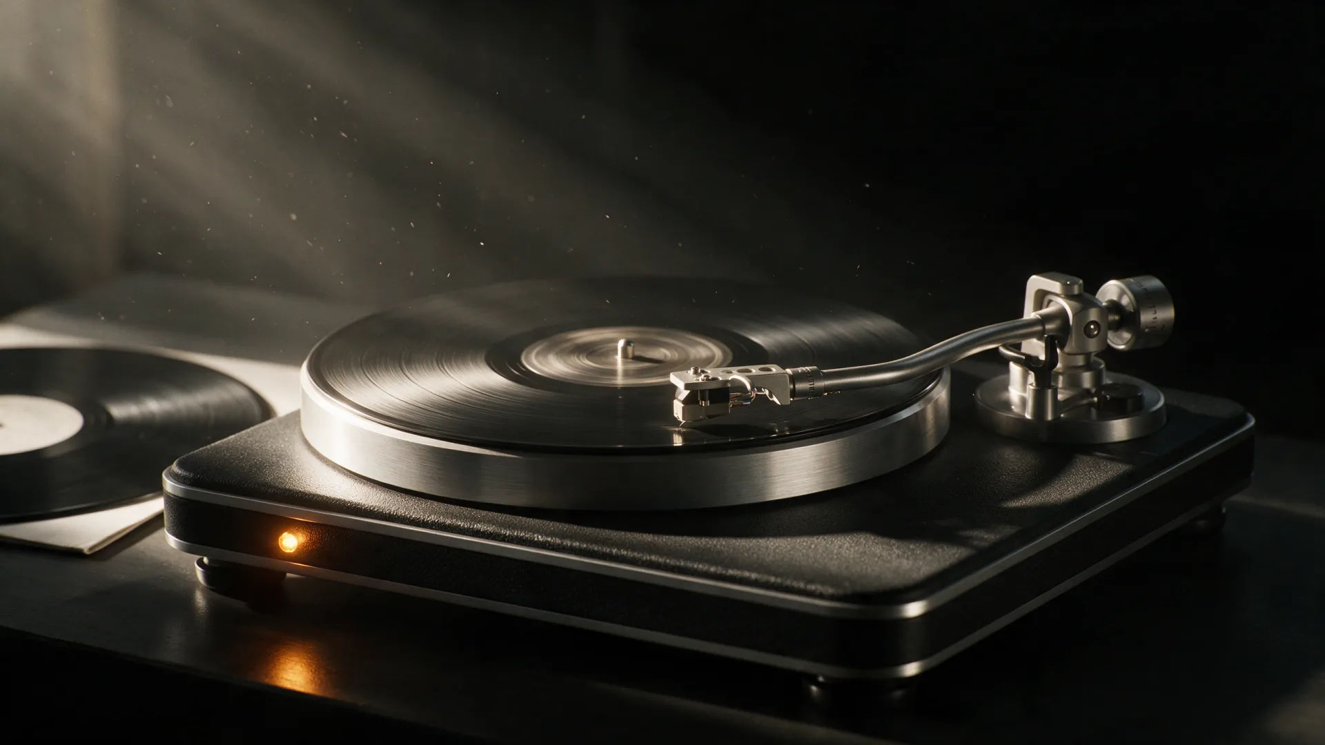 A tonearm lowering onto a spinning record under one hard raking light