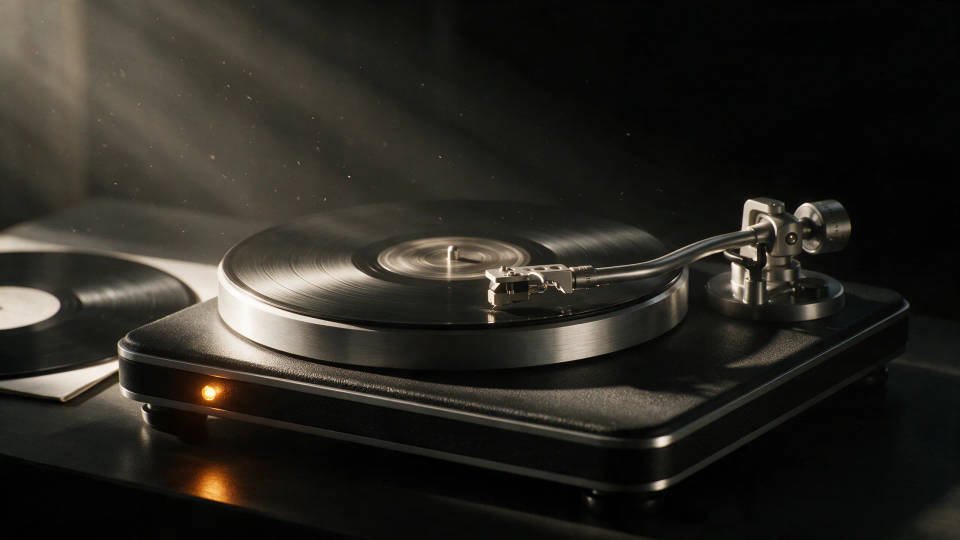 A tonearm lowering onto a spinning record under one hard raking light