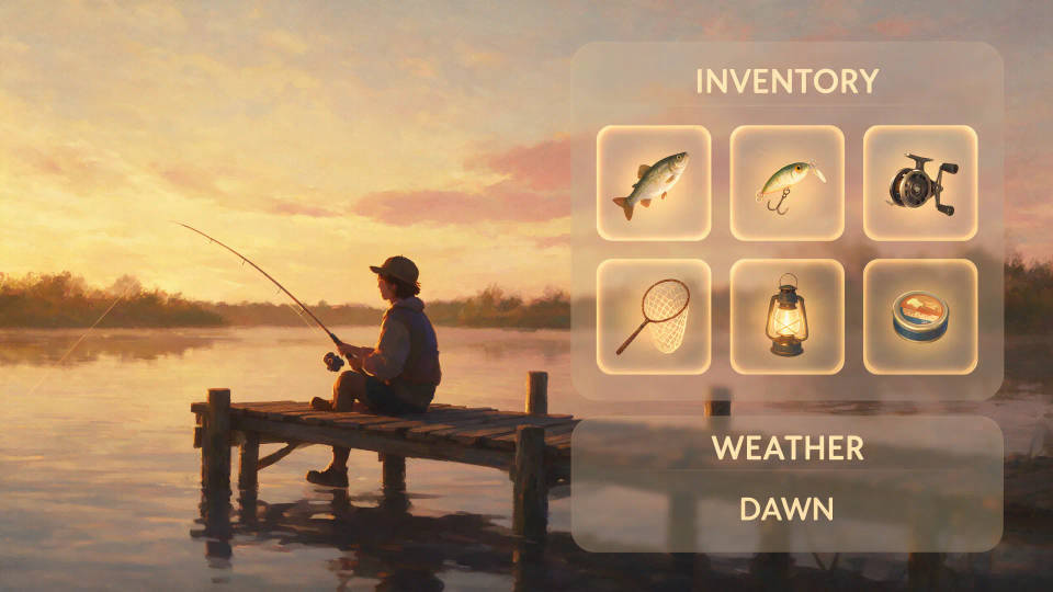 A fishing sim interface with inventory and weather panels around a dock at dawn
