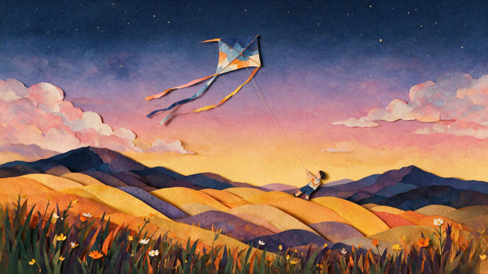 Layered paper-cut animation of a child pulled across a hillside by a kite
