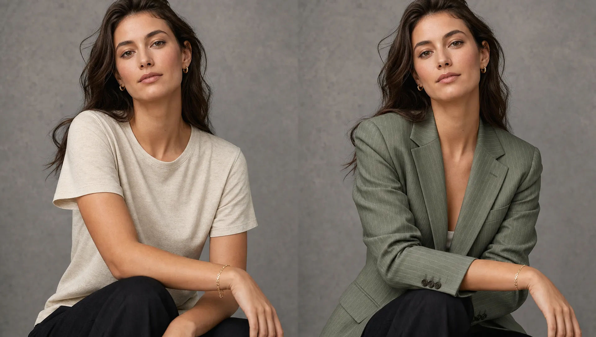 Avant et après : le t-shirt d'un mannequin remplacé par un blazer ajusté pendant que la pose, l'éclairage et l'arrière-plan restent identiques