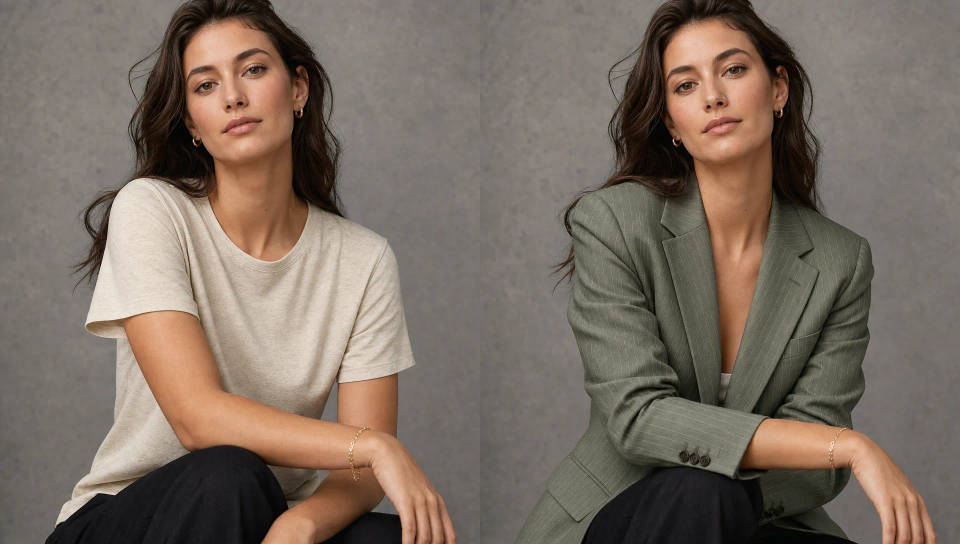 Antes e depois: a camiseta de um modelo trocada por um blazer sob medida enquanto a pose, a iluminação e o fundo permanecem os mesmos