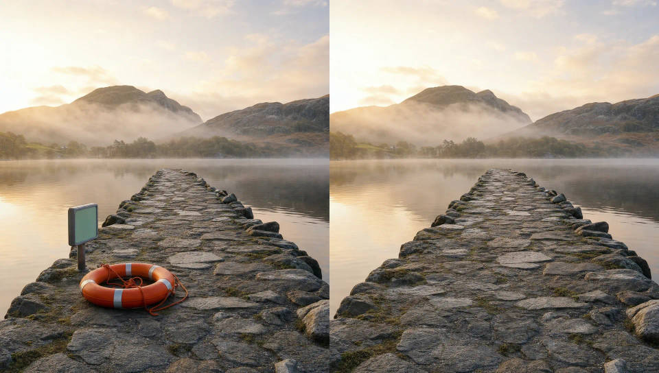 Antes e depois: uma distração removida de um clipe à beira do lago enquanto o resto da cena permanece sem mudanças