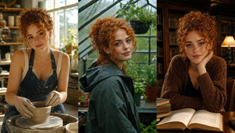 O mesmo personagem com um rosto consistente mostrado em três cenas e looks diferentes